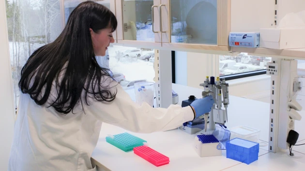 Bild på Eleonora Hedin under arbetet i laboratoriet på Nordic Biomarker.