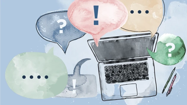 An illustration of a computer with speech bubbles containing question marks and exclamation marks.