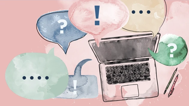 Computer with question marks in speech bubbles.