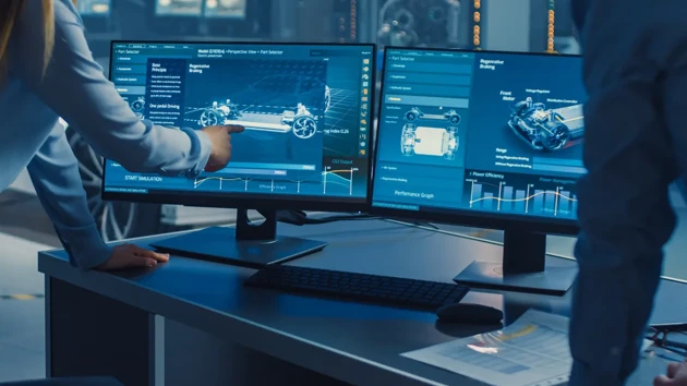 Two screens showing design software and two people watching and pointing at the screens.