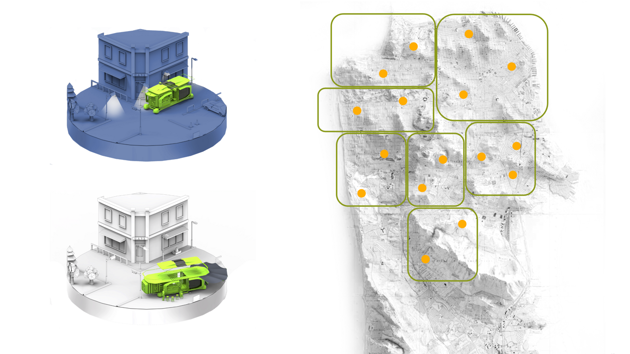 The hub moves during the night to different hotspots in the city where it parks, unfolds and spends the following day providing its services to the community.