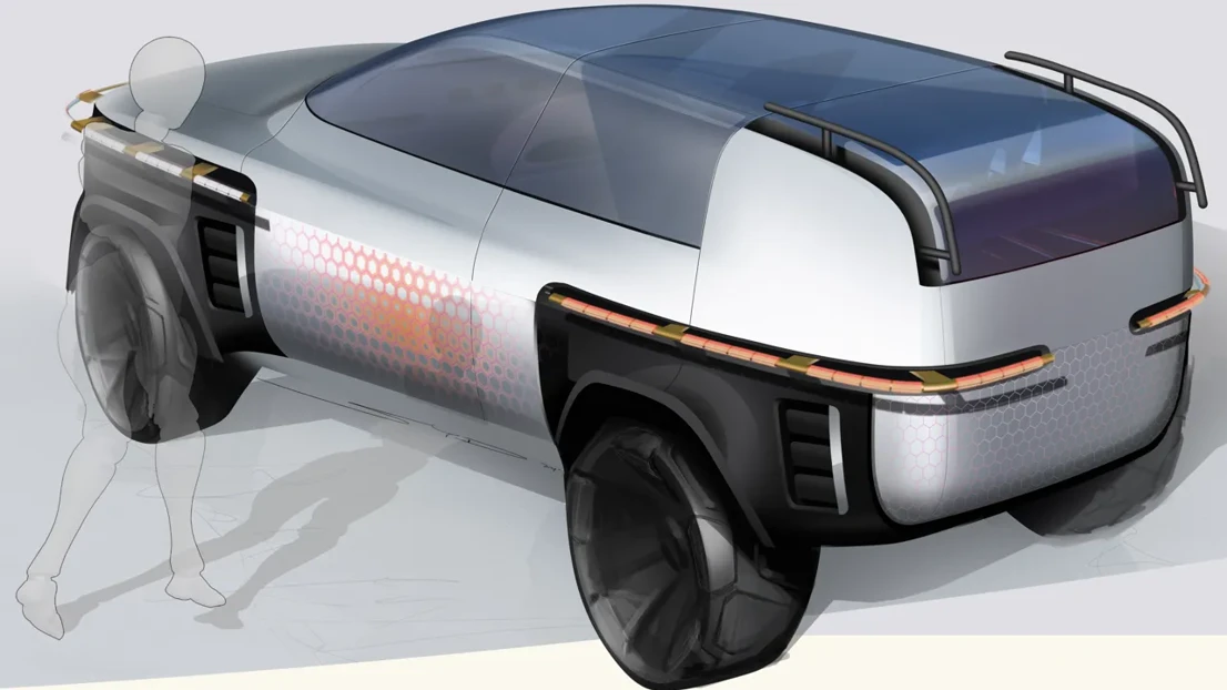 Final R45: this sketch puts the product into the using context. Through which we can see clearly how some parts could move to help people access the vehicle through the top side.