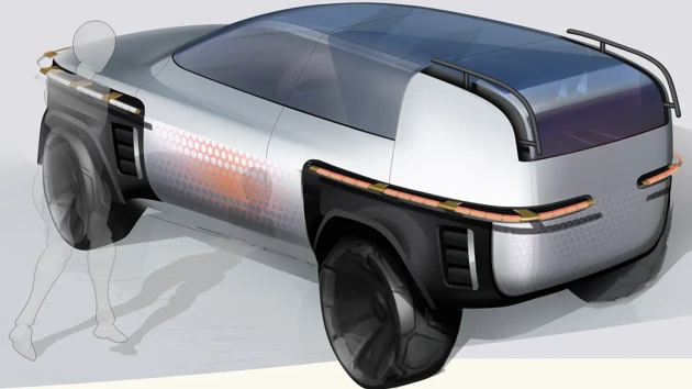 Final R45: this sketch puts the product into the using context. Through which we can see clearly how some parts could move to help people access the vehicle through the top side.
