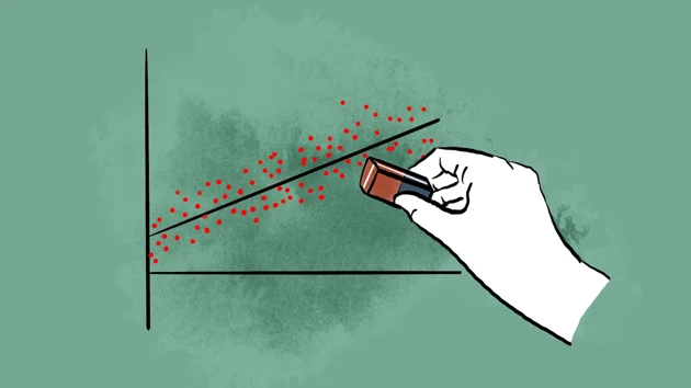 Illustration, a hand holding a rubber in front of a chart.