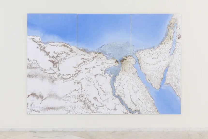 A painting named Future Cartography, on a wall, abstract.