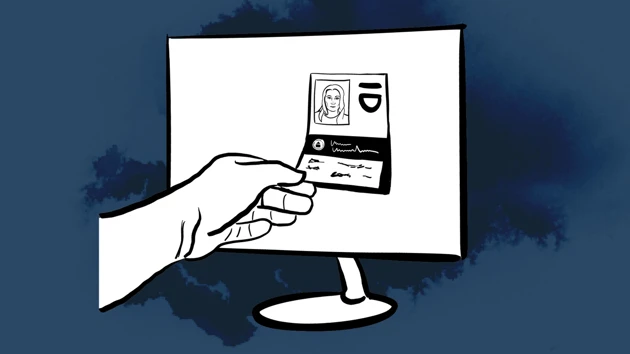 Illustration: hand holding an ID card in front of a screen.