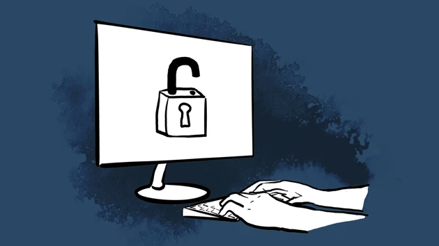 Hands on a keyboard in front of a screen with an open padlock.