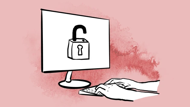 Two hands typing on a keybord, the screen has an image of an open padlock.