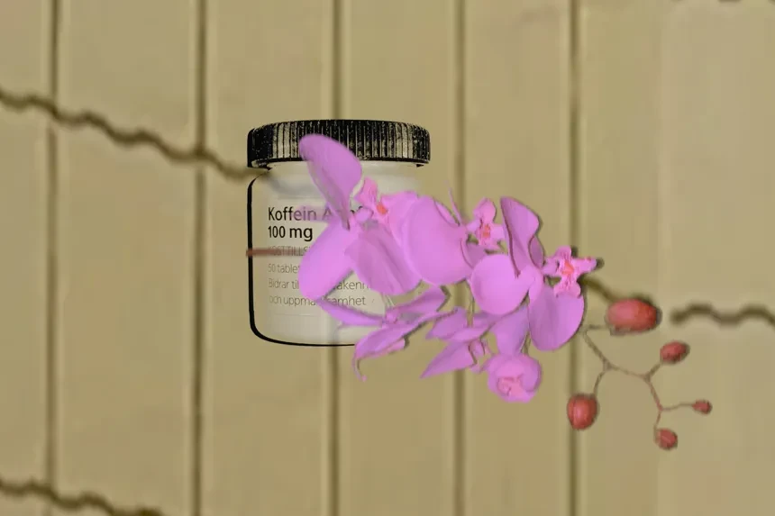 Rosa blomma med medicinburk i bakgrunden