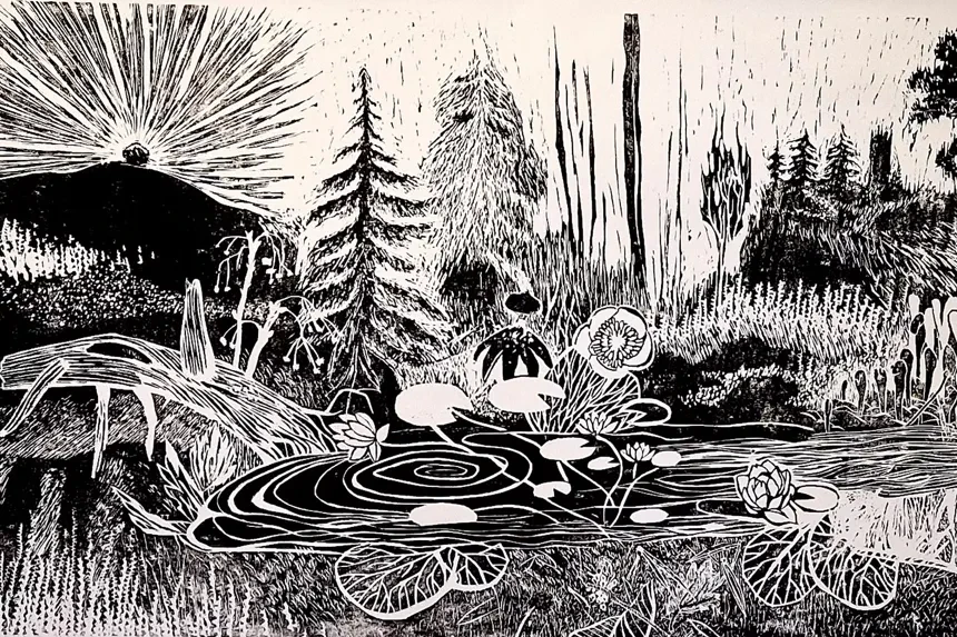 träsnitt med skogsmotiv