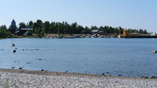 A body of water surrounded by trees and houses.