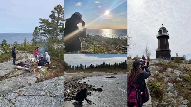 A collage of photos of people taking pictures of a lighthouse.