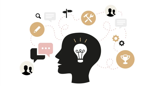 A head with a light bulb and various symbols such as a trophy, pen, people and tools.
