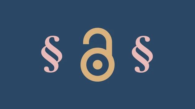 Öppet hänglås omringad av paragrafsymbolen för lagar.