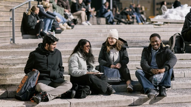 International students sitting on the stairs outside the Lindell Hall.