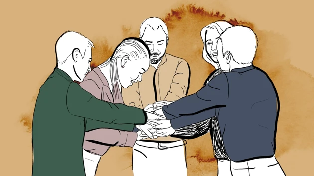Illustration, five persons in a circle holding hands
