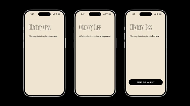 Olfactory Oasis application three main goals presented in three landing screens.