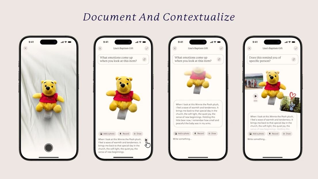 Document sentimental items with stories, photos, voice, or drawings.
