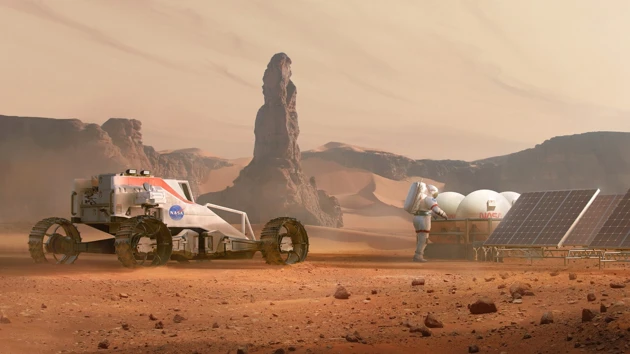 Bild på futuristiskt transportfordon i Marslandskap