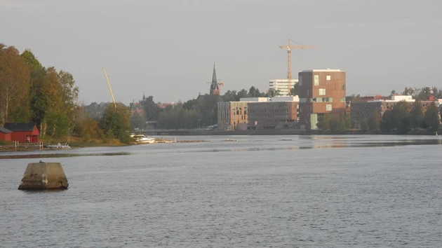 Konstnärligt campus sett från strandpromenaden, älven i förgrunden.