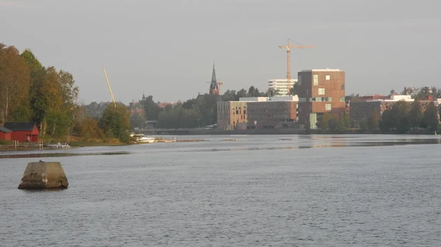 Artistic campus seen from the promenade along river.