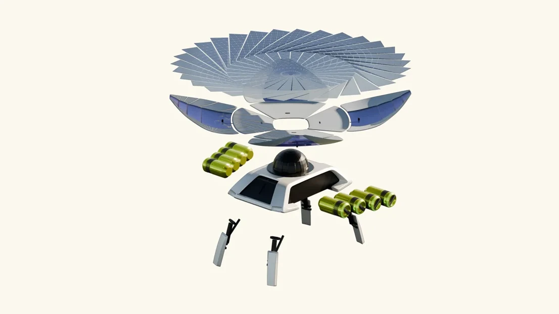 The module uses Nasa's high tech origami inspired solar panel material to produce sustainable energy. To ensure simple and space efficient transport it is initially closed before setting up in the disaster area.