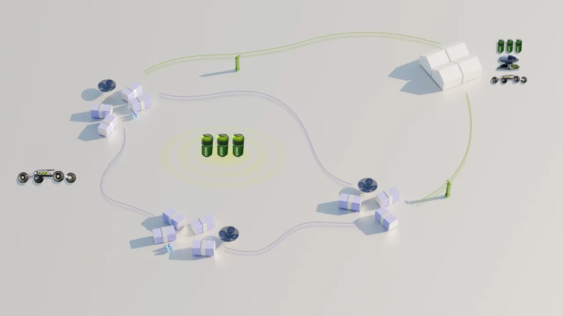 The Nodus Logistics System consists of a variety of modules which are all carried by the adaptable mobility platform and powered by the interchangable batteres. These elements tie the whole system together.
