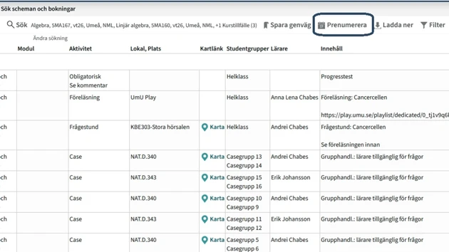 Ett utsnitt från TimeEdit där länken för att börja prenumerera på schemat är markerad med en röd ruta.