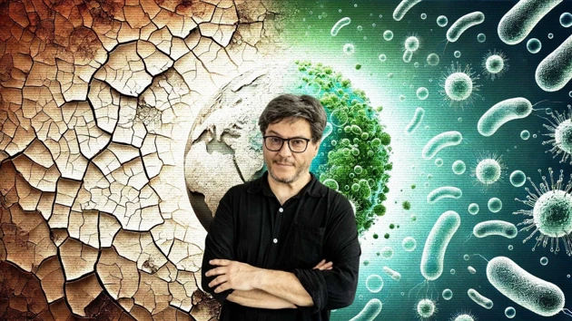 Ricard Solé, public speaker for the 15 year IceLab anniversary public lecture on terraforming ecosystems, seen here against an AI-generated backdrop depicting an arid ecosystem being transformed to a lush one thanks to synthetic organisms.