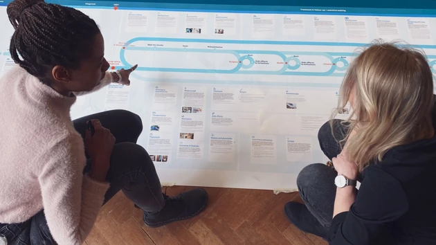 Photo of Sharon Williams in action, leading a collaborative design sessions, to the right a blond woman facing a board with words and symbols