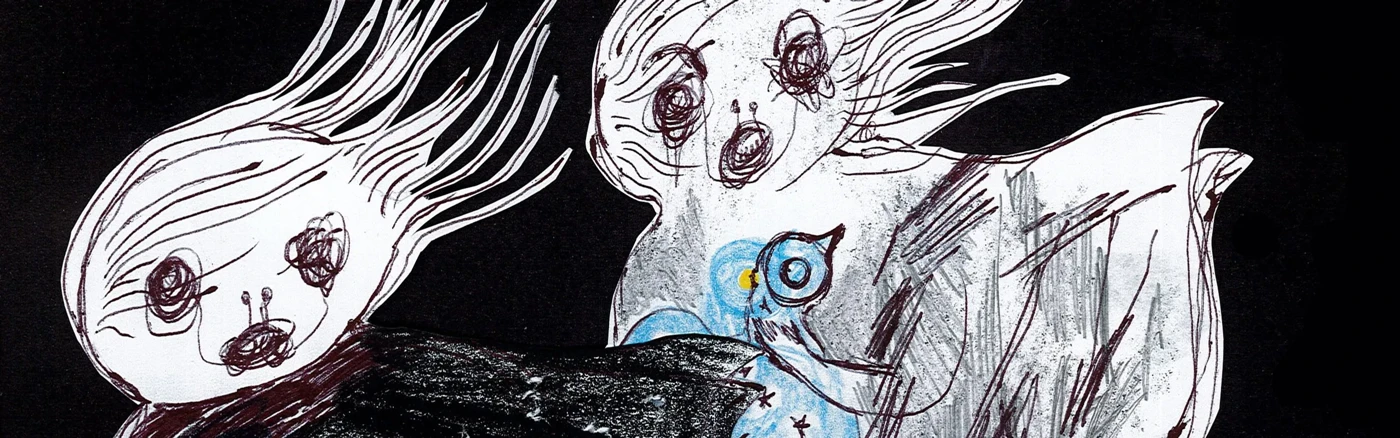 Teckning av två figurer med håret blåsande i vinden.