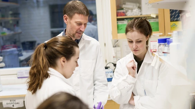 Photo of Nathaniel Street and group members Amanda Mikko and Sara Rydman in the lab