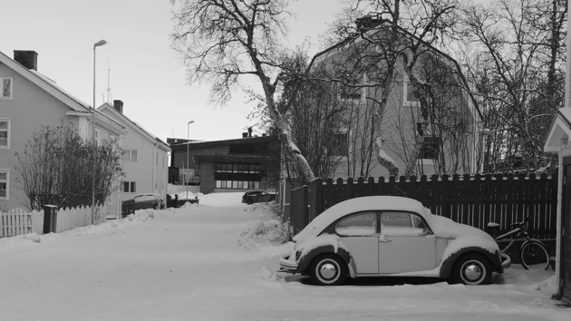 Kiruna, houses, car, trees, snow