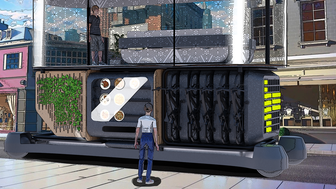 The Chicago system in chicago focuses on a rentable meeting space for companies and freelancers. It has a fully covered roof top made of sustainable photochromic glass with textures inspired by Chicago architecture.