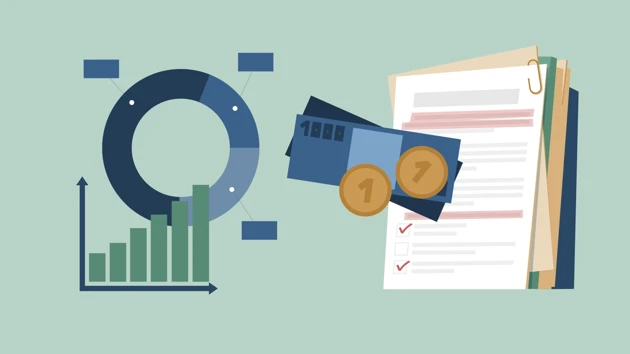 Illustration containing charts, money and documents.