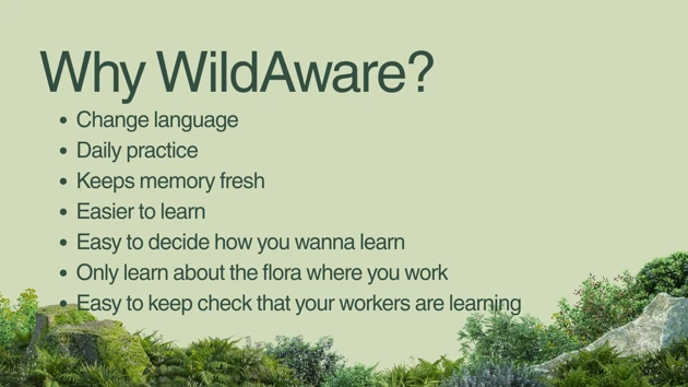A picture of a forest with the words wild aware.