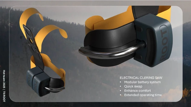 A picture of an electrical clearing saw with a mountain in the background.