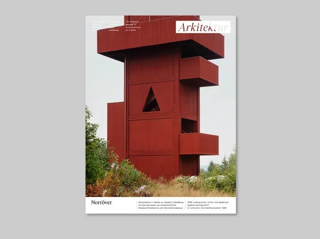 Image of the front cover of Arkitektur 5/2026 with a falu-red tower building. 