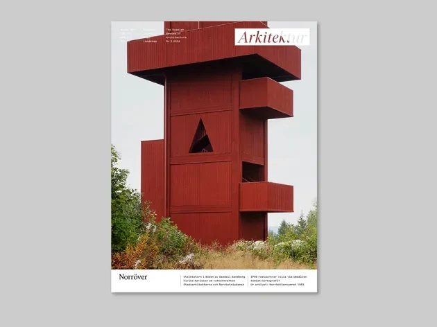 Image of the front cover of Arkitektur 5/2026 with a falu-red tower building. 