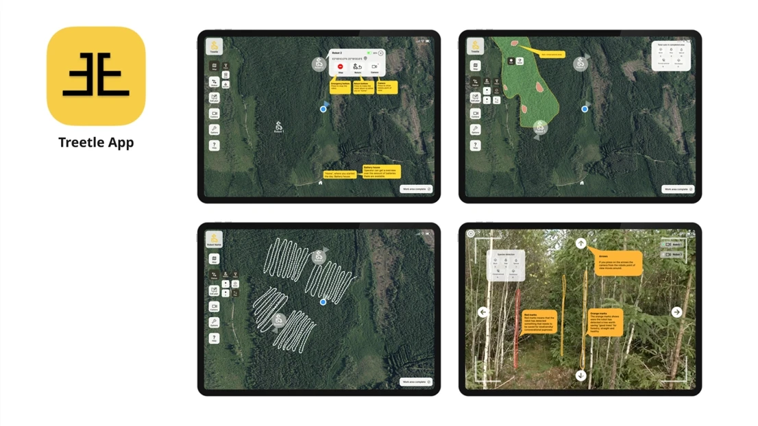 A group of four screens showing a map of a wooded area.