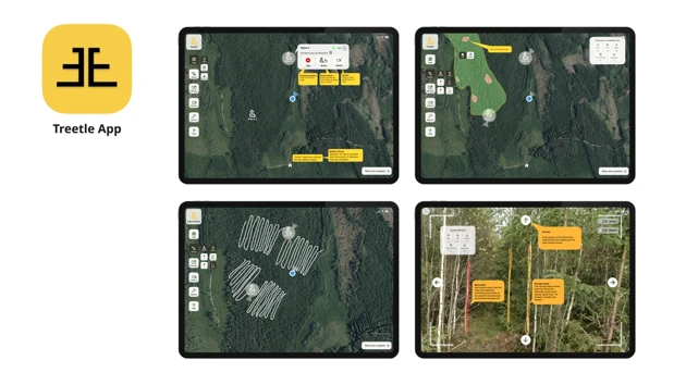 A group of four screens showing a map of a wooded area.
