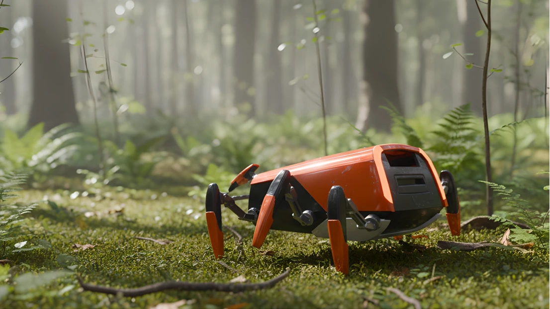 An orange and black robot sitting in the middle of a forest.