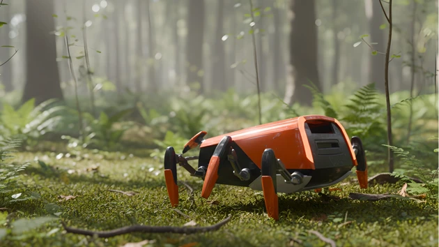 An orange and black robot sitting in the middle of a forest.