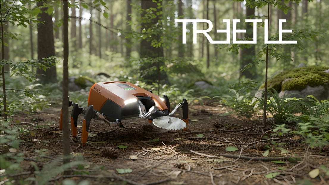 A small robot in the middle of a forest.