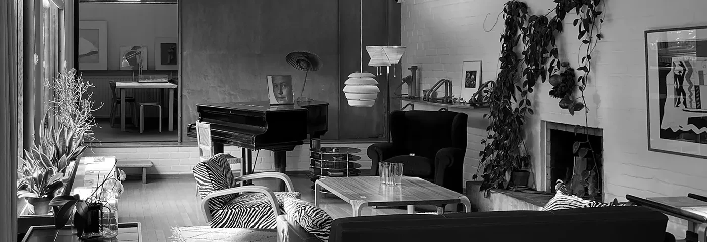 Interior of a room with furniture, black and white