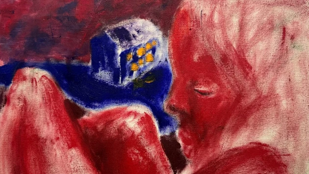 Painting in red and blue, girl and house.