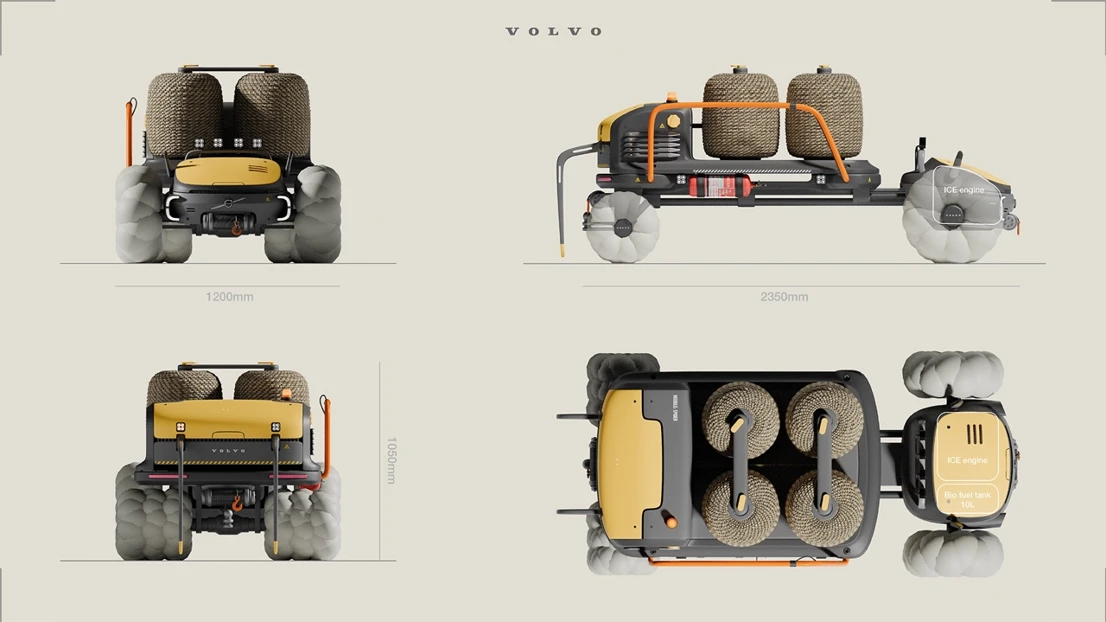 Four views of a four wheeled vehicle.