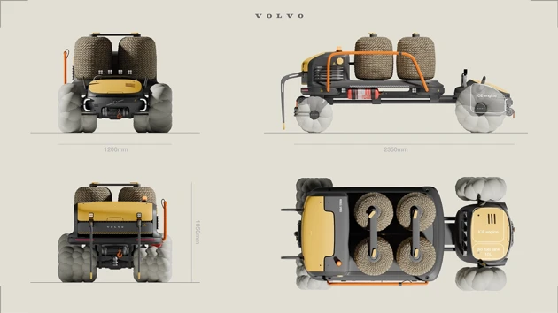 Four views of a four wheeled vehicle.