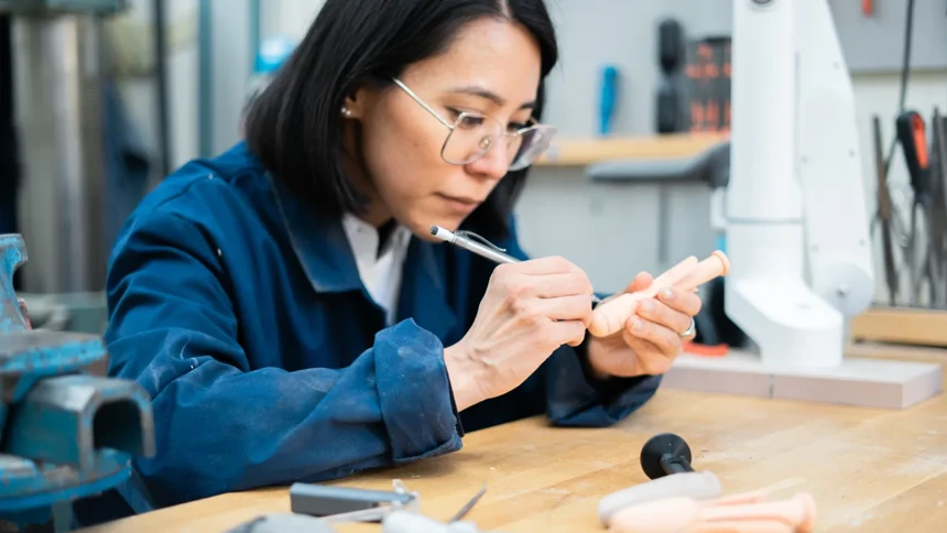 Natalia Ikebara skapar en prototyp för ett designprojekt under sin tid på UID.