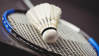Närbild på badmintonracket med badmintonboll.